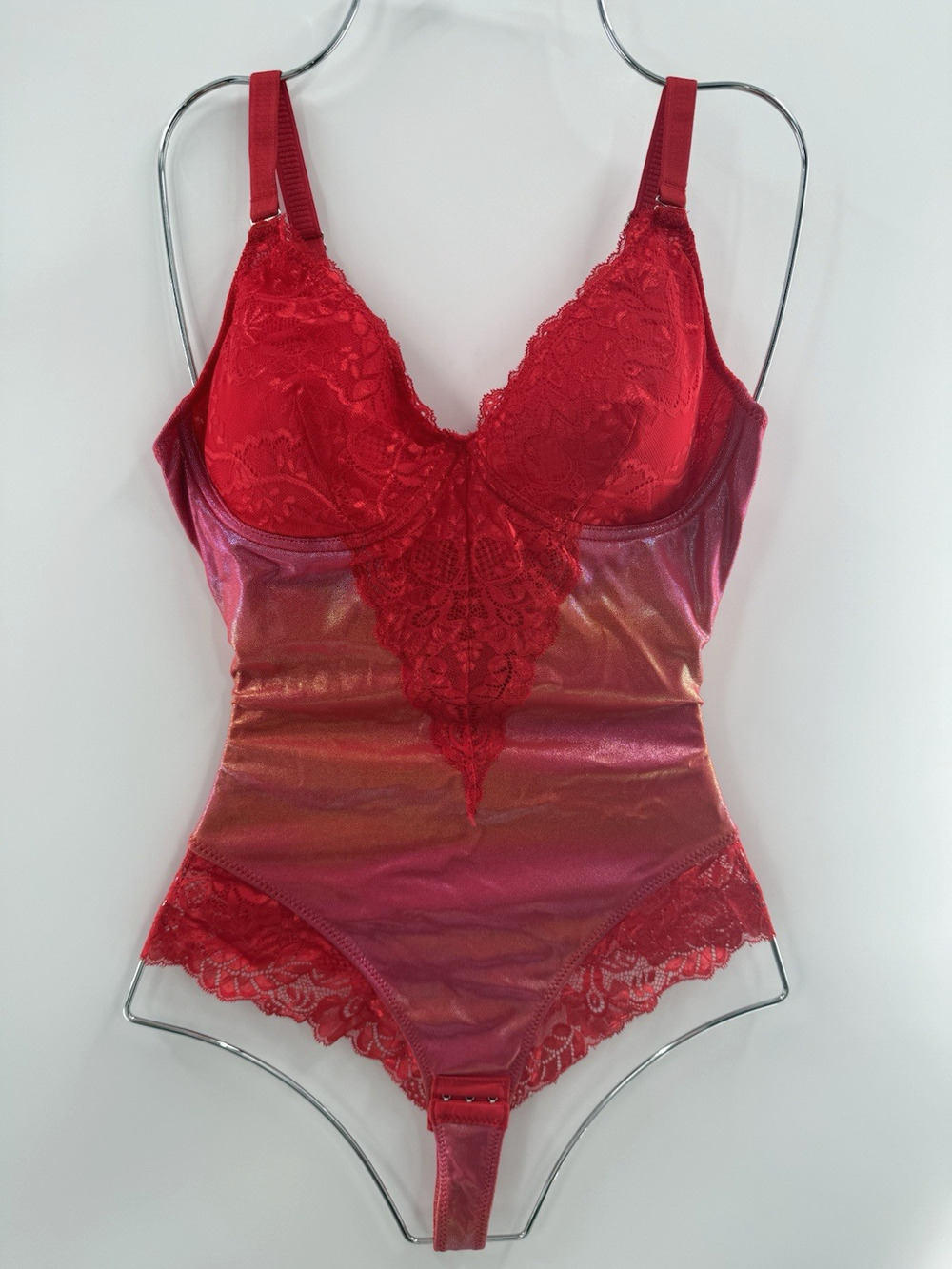 TROPICA LOVE Shimmer Lace Shapewear Bodysuit Tummy Control VNeck Thong Top Small